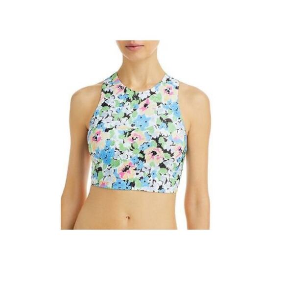 Ganni FLORAL AZURE BLUE Racer Zip Back Floral Bikini Swim Top size 10-12 - Picture 1 of 6